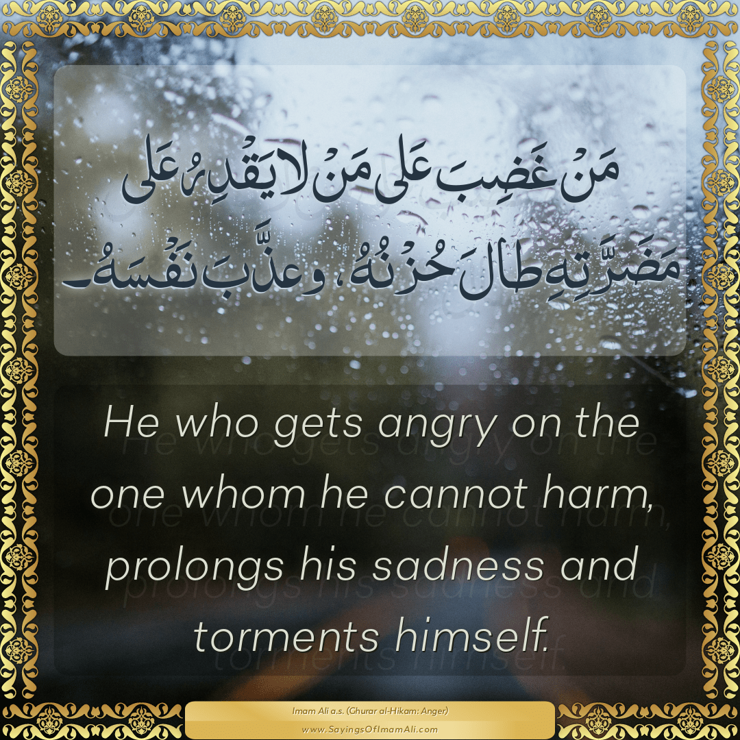 He who gets angry on the one whom he cannot harm, prolongs his sadness and...